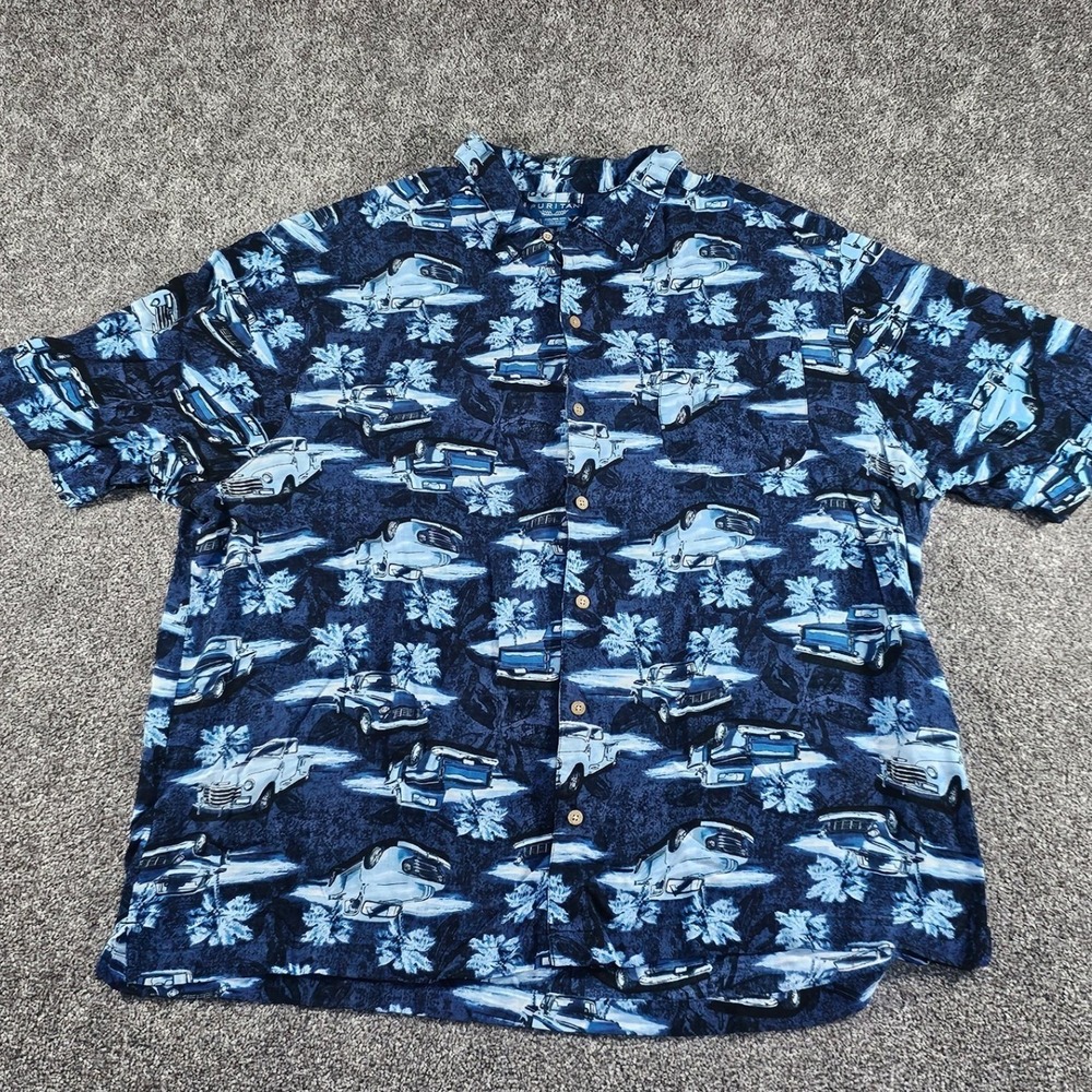 Vintage Puritan Hawaiian Aloha ButtonDown Shirt Mens 2XL DarkNavy Car Palm Tree